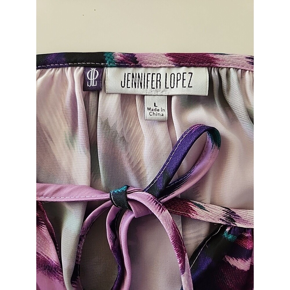 Jennifer Lopez JLO Blouse Large Purple Floral Boho Keyhole Neck Ties - Picture 13 of 15